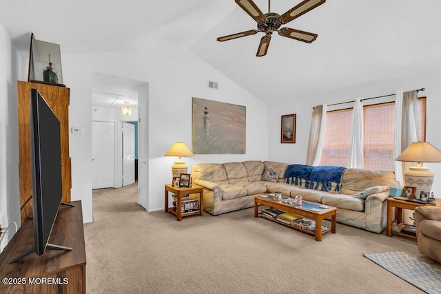 551 Petunia Ln N, Whiting, NJ 08759 - carpeted living area featuring a ceiling fan, high vaulted ceiling, and attic access
