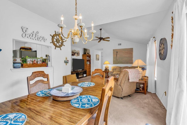 551 Petunia Ln N, Whiting, NJ 08759 - dining room featuring a chandelier, lofted ceiling, ceiling fan, and light carpet