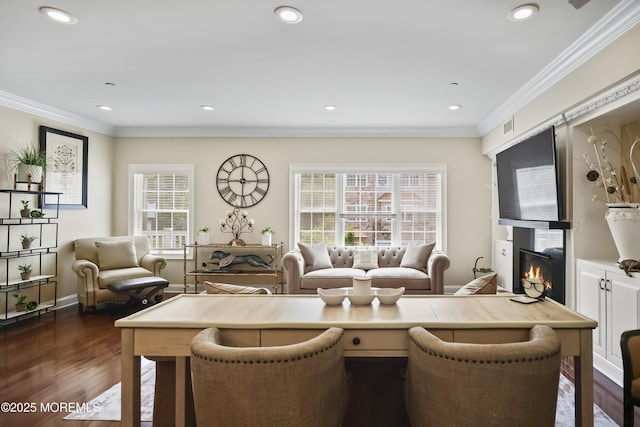 14 White Oak Ln, Aberdeen, NJ 07747 - living area featuring healthy amount of natural light, a glass covered fireplace, dark wood-style flooring, crown molding, and recessed lighting