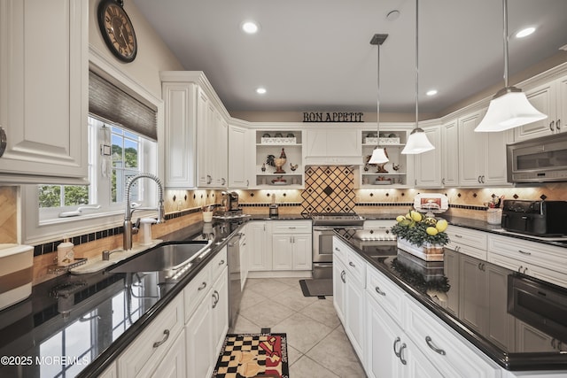 14 White Oak Ln, Aberdeen, NJ 07747 - kitchen with a sink, open shelves, stainless steel appliances, premium range hood, and white cabinetry