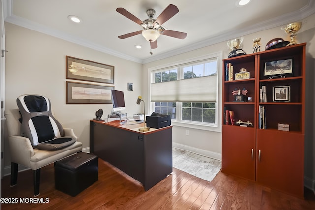 14 White Oak Ln, Aberdeen, NJ 07747 - office space with hardwood / wood-style flooring, a ceiling fan, recessed lighting, crown molding, and baseboards