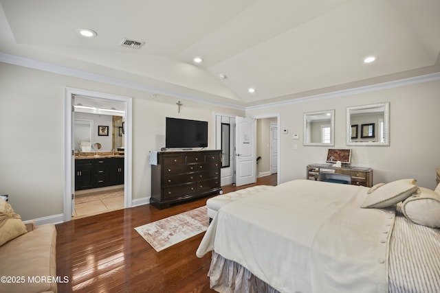 14 White Oak Ln, Aberdeen, NJ 07747 - bedroom with wood finished floors, lofted ceiling, recessed lighting, connected bathroom, and ornamental molding