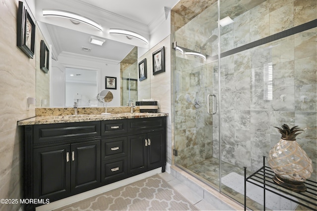 14 White Oak Ln, Aberdeen, NJ 07747 - full bathroom with ornamental molding, double vanity, and a shower stall