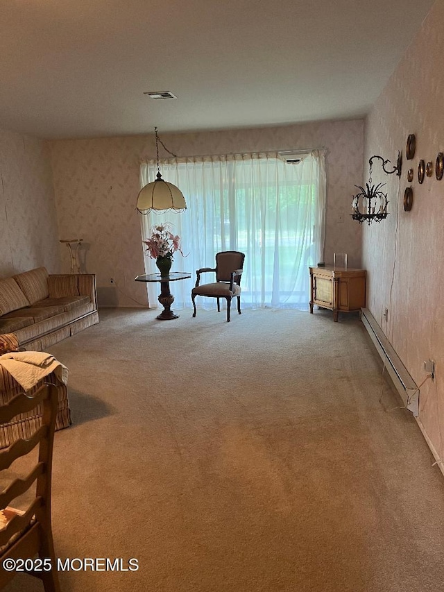 212 Covered Bridge Blvd Unit D, Manalapan, NJ 07726 - living room featuring a baseboard heating unit, carpet floors, and wallpapered walls