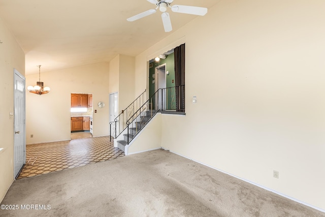 13 Copper Ln, Hazlet, NJ 07730 - spare room featuring a chandelier, lofted ceiling, stairs, ceiling fan, and light colored carpet