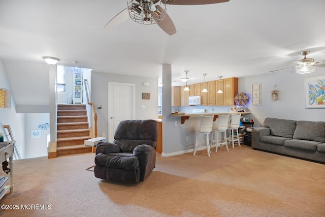 19 Corpus Cristi Bay Ct, Little Egg Harbor, NJ 08087 - living room with a ceiling fan, light carpet, and stairs