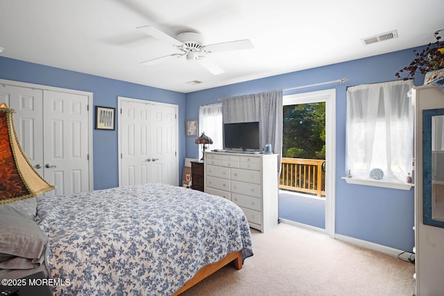 19 Corpus Cristi Bay Ct, Little Egg Harbor, NJ 08087 - carpeted bedroom featuring multiple closets, baseboards, access to outside, and a ceiling fan