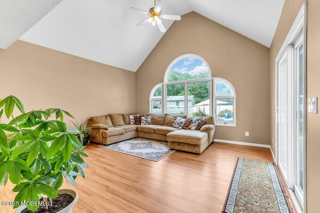 145 Docare Rd, Jackson, NJ 08527 - living room with high vaulted ceiling, wood finished floors, a ceiling fan, and baseboards