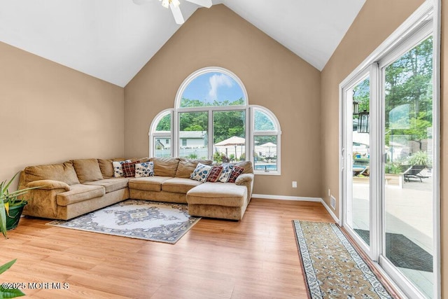 145 Docare Rd, Jackson, NJ 08527 - living area with healthy amount of natural light, light wood-type flooring, high vaulted ceiling, and a ceiling fan