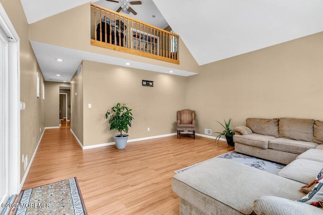 145 Docare Rd, Jackson, NJ 08527 - living area featuring high vaulted ceiling, a ceiling fan, light wood finished floors, baseboards, and recessed lighting