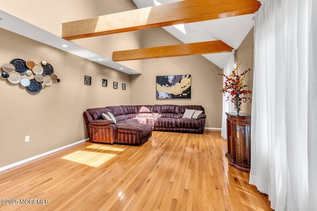 145 Docare Rd, Jackson, NJ 08527 - living area with light wood-type flooring, baseboards, high vaulted ceiling, recessed lighting, and beamed ceiling