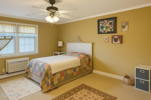 364 Westwood Ave Unit 26, Long Branch, NJ 07740 - bedroom with carpet flooring, an AC wall unit, ornamental molding, baseboards, and ceiling fan