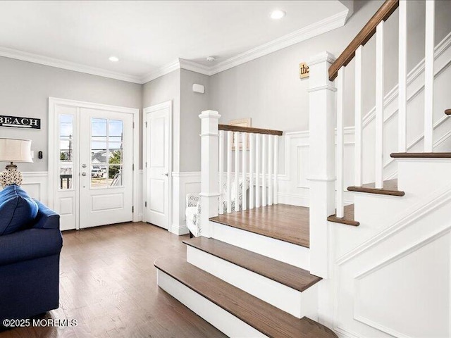 29 7th Ave Unit B, Seaside Heights, NJ 08751 - foyer entrance with a decorative wall, recessed lighting, a wainscoted wall, wood finished floors, and crown molding
