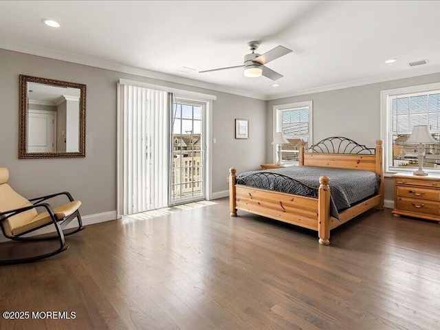 29 7th Ave Unit B, Seaside Heights, NJ 08751 - bedroom with baseboards, crown molding, access to outside, dark wood-style flooring, and a ceiling fan