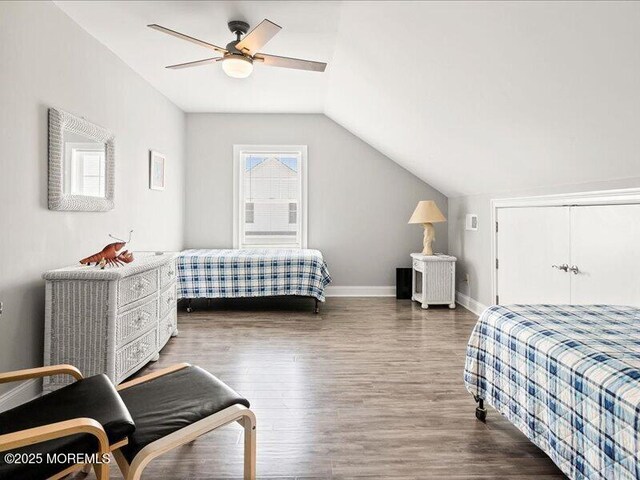 29 7th Ave Unit B, Seaside Heights, NJ 08751 - bedroom with vaulted ceiling, wood finished floors, baseboards, and ceiling fan