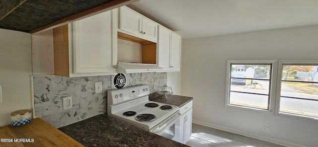 1 Panda Ln, Whiting, NJ 08759 - kitchen featuring white electric range, under cabinet range hood, tasteful backsplash, and white cabinetry