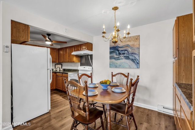 330 Shore Dr Unit 21, Highlands, NJ 07732 - dining space with a ceiling fan, a chandelier, dark wood finished floors, and a baseboard radiator