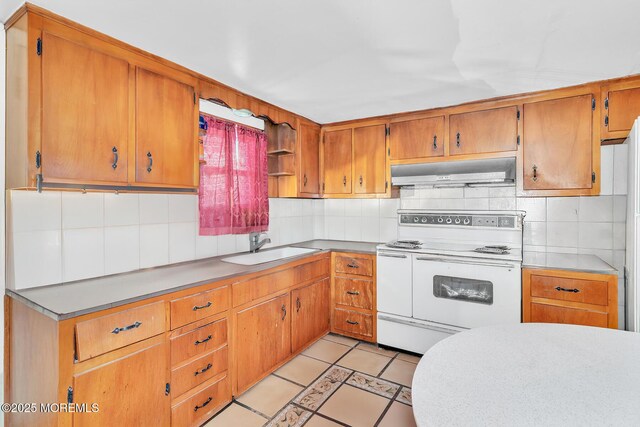 137 Seabreeze Way, Keansburg, NJ 07734 - kitchen with range hood, white electric range, decorative backsplash, and a sink