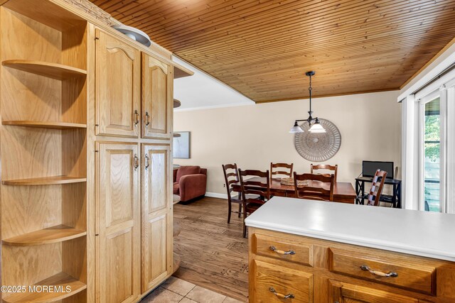 36 Wilson Dr, Howell, NJ 07731 - kitchen featuring open shelves, wooden ceiling, light countertops, ornamental molding, and hanging light fixtures
