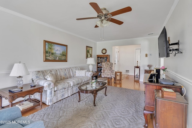 5 Lodge Ct, Brick, NJ 08724 - living room featuring wood finished floors, ceiling fan, and crown molding