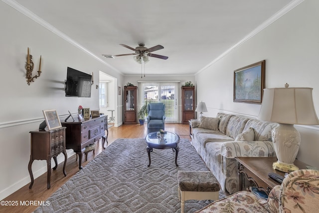 5 Lodge Ct, Brick, NJ 08724 - living area featuring ornamental molding, light wood finished floors, ceiling fan, and baseboards