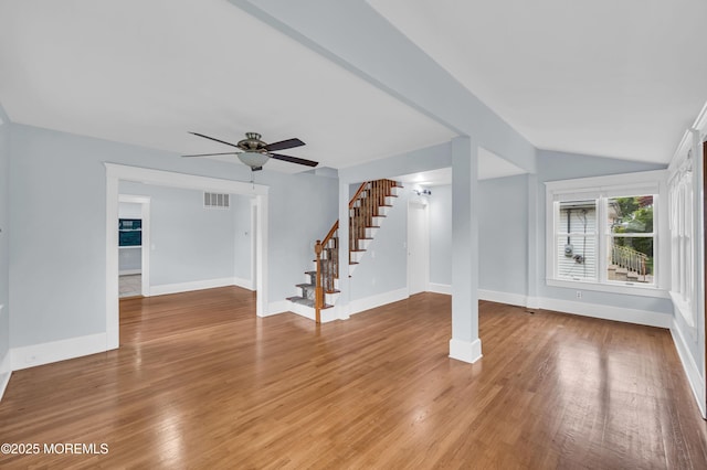 645 Campbell Ave, Long Branch, NJ 07740 - unfurnished living room with stairway, a ceiling fan, light wood finished floors, baseboards, and lofted ceiling