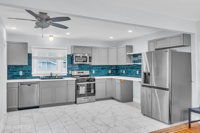 645 Campbell Ave, Long Branch, NJ 07740 - kitchen with stainless steel appliances, gray cabinets, a sink, and recessed lighting