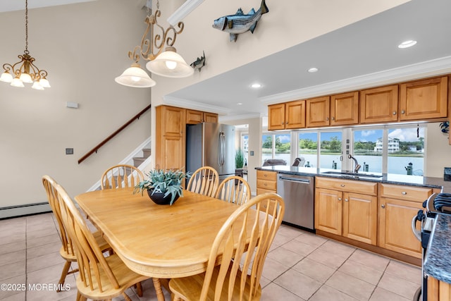 654 Fairview Ln, Forked River, NJ 08731 - dining space with ornamental molding, stairway, light tile patterned flooring, a chandelier, and a baseboard radiator