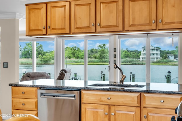654 Fairview Ln, Forked River, NJ 08731 - kitchen with stainless steel dishwasher, a sink, ornamental molding, dark stone counters, and a water view