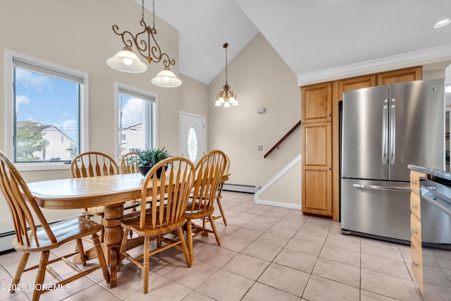 654 Fairview Ln, Forked River, NJ 08731 - dining area featuring a baseboard heating unit, light tile patterned flooring, high vaulted ceiling, baseboards, and a chandelier