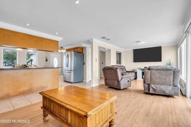 654 Fairview Ln, Forked River, NJ 08731 - living room with ornamental molding, light wood-style floors, recessed lighting, and baseboards