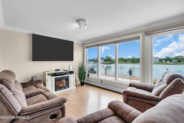 654 Fairview Ln, Forked River, NJ 08731 - living room with light wood-type flooring, crown molding, a glass covered fireplace, and a baseboard heating unit