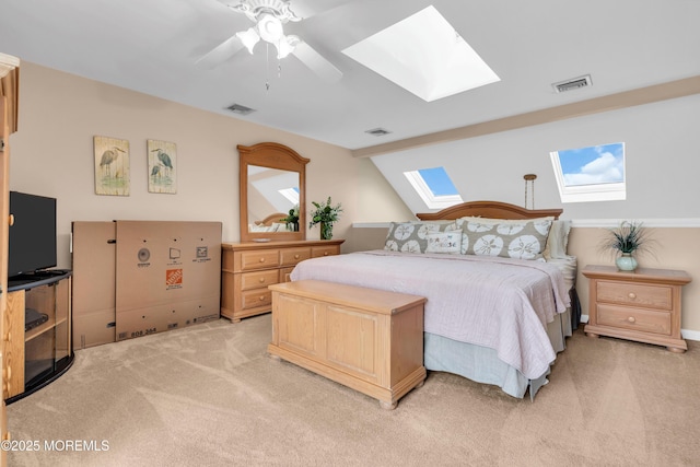 654 Fairview Ln, Forked River, NJ 08731 - bedroom featuring a skylight, light colored carpet, ceiling fan, and lofted ceiling