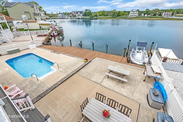 654 Fairview Ln, Forked River, NJ 08731 - dock with a water view, a patio area, and boat lift