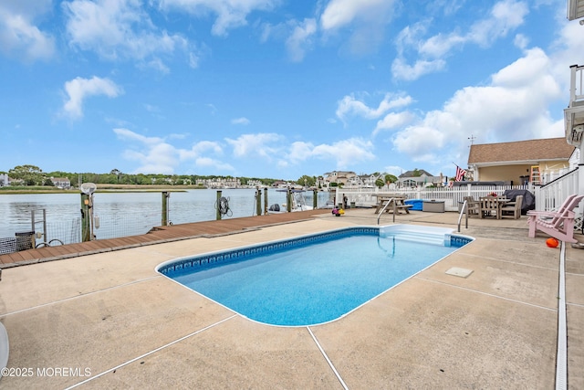 654 Fairview Ln, Forked River, NJ 08731 - view of pool featuring a dock, a water view, and a patio