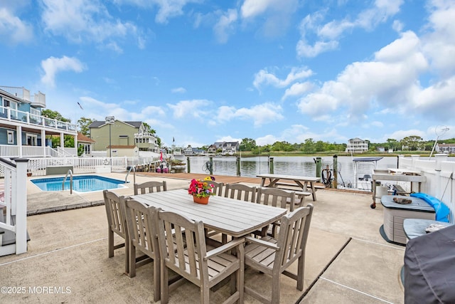 654 Fairview Ln, Forked River, NJ 08731 - view of patio / terrace featuring a water view, outdoor dining space, and a boat dock