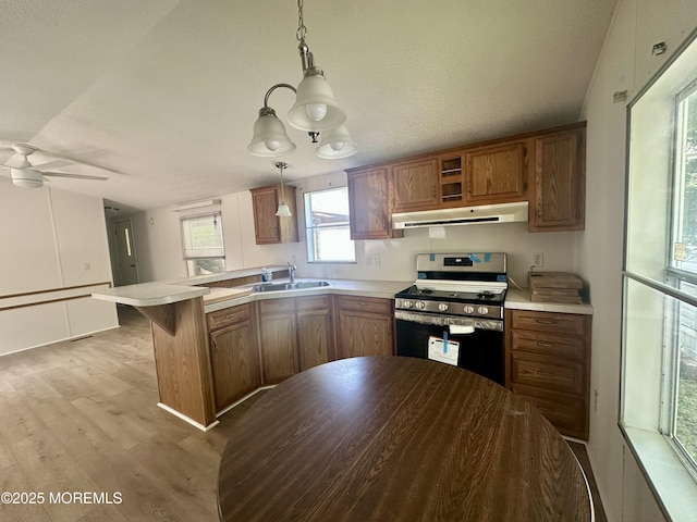 11 B Trail Trail, Brick, NJ 08724 - kitchen featuring stainless steel gas range, under cabinet range hood, a peninsula, and brown cabinetry