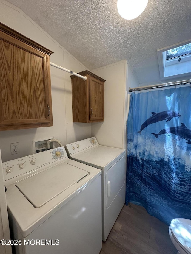 11 B Trail Trail, Brick, NJ 08724 - washroom with washing machine and clothes dryer, dark wood finished floors, a textured ceiling, and a skylight