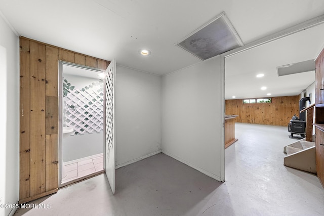 23 Fox Hill Dr, Little Silver, NJ 07739 - below grade area with a wood stove, wooden walls, and recessed lighting