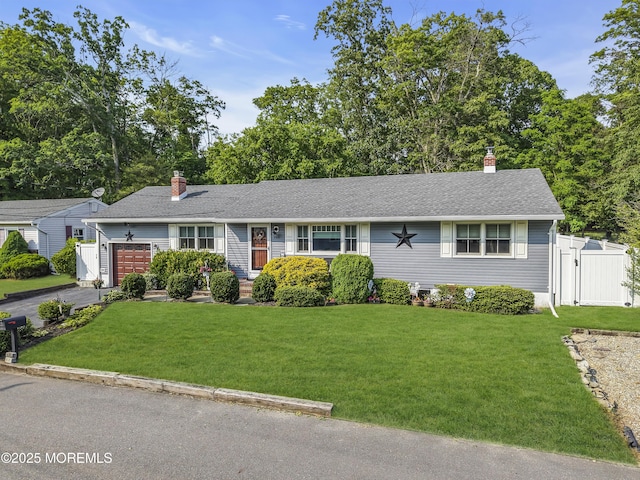 711 Hardean Rd, Brick, NJ 08724 - ranch-style house featuring a gate, a garage, a chimney, driveway, and roof with shingles