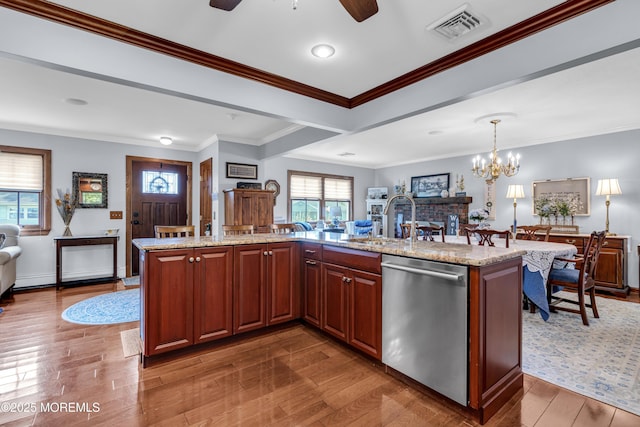 711 Hardean Rd, Brick, NJ 08724 - kitchen with dishwasher, open floor plan, a sink, ceiling fan, and hardwood / wood-style flooring