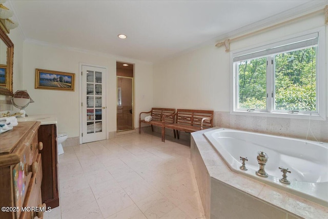 2 Warrenton Ln, Colts Neck, NJ 07722 - full bath featuring a garden tub, toilet, vanity, a stall shower, and ornamental molding