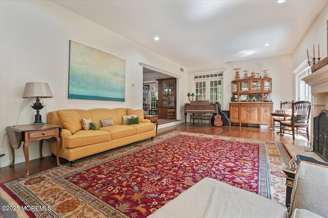 2 Warrenton Ln, Colts Neck, NJ 07722 - living room with wood finished floors, recessed lighting, and a fireplace with flush hearth