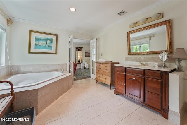 2 Warrenton Ln, Colts Neck, NJ 07722 - bathroom featuring a garden tub, vanity, ornamental molding, and recessed lighting