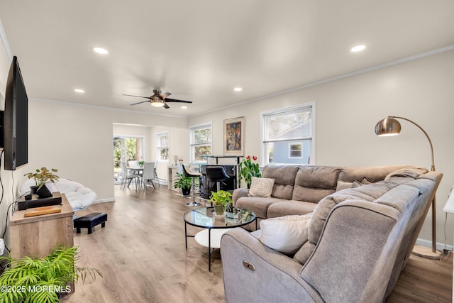 29 Bowie Dr, Whiting, NJ 08759 - living room featuring ornamental molding, a ceiling fan, wood finished floors, and recessed lighting