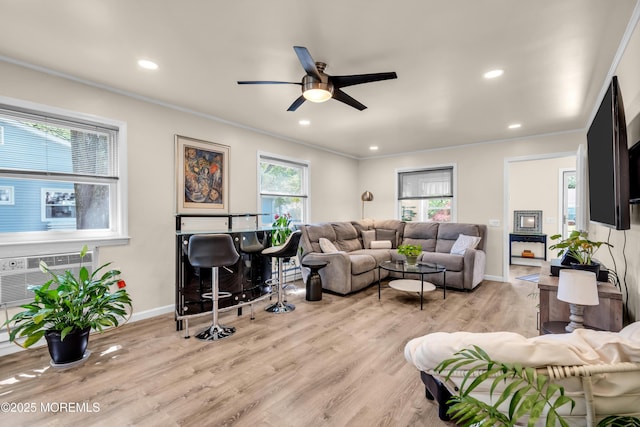 29 Bowie Dr, Whiting, NJ 08759 - living area with crown molding, ceiling fan, light wood finished floors, and recessed lighting