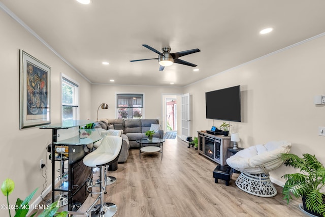 29 Bowie Dr, Whiting, NJ 08759 - living area with crown molding, wood finished floors, a ceiling fan, recessed lighting, and plenty of natural light