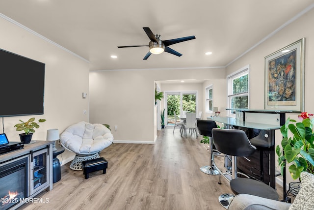 29 Bowie Dr, Whiting, NJ 08759 - living room featuring light wood-style floors, ornamental molding, a ceiling fan, and recessed lighting