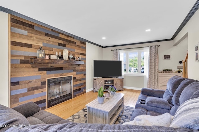 33 Fleetwood Dr, Hazlet, NJ 07730 - living area featuring ornamental molding, wood finished floors, wood walls, a large fireplace, and recessed lighting