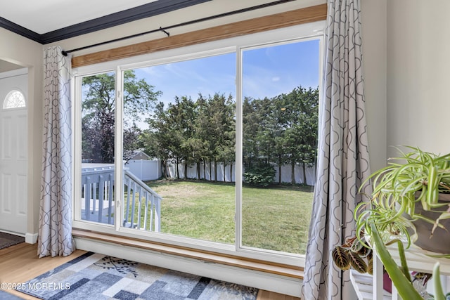 33 Fleetwood Dr, Hazlet, NJ 07730 - doorway to outside featuring ornamental molding and wood finished floors